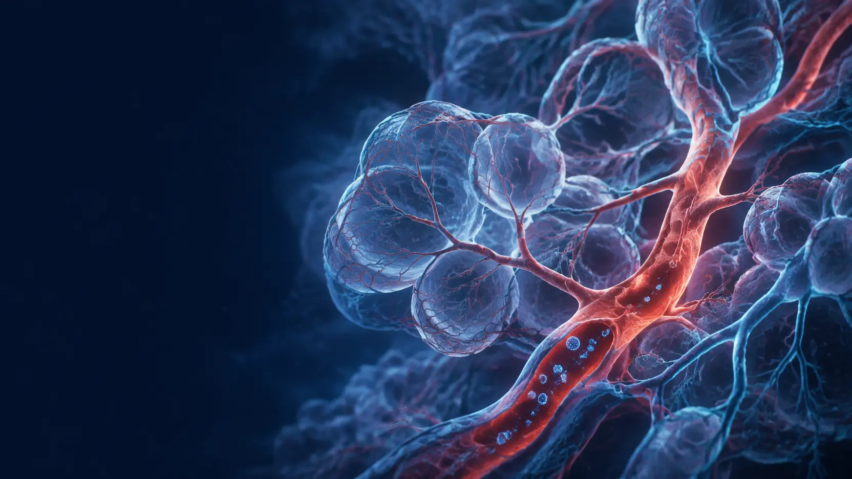 Artistic visualization of alveoli, lung microvasculature, and therapeutic nanoparticles